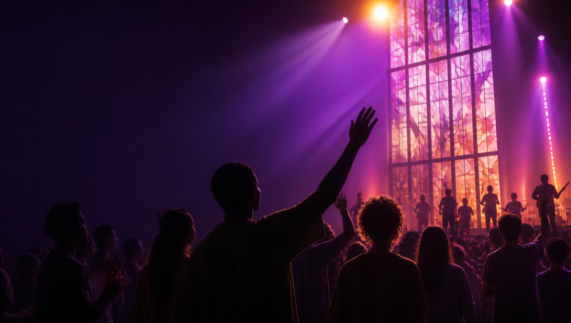 Young people worshipping together beneath stained-glass light