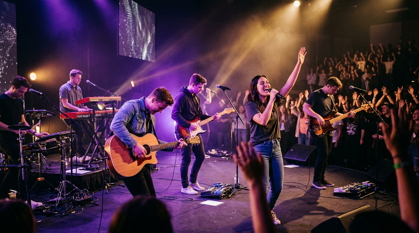 LEAD 2026 Worship Music Team performing live under purple stage lights